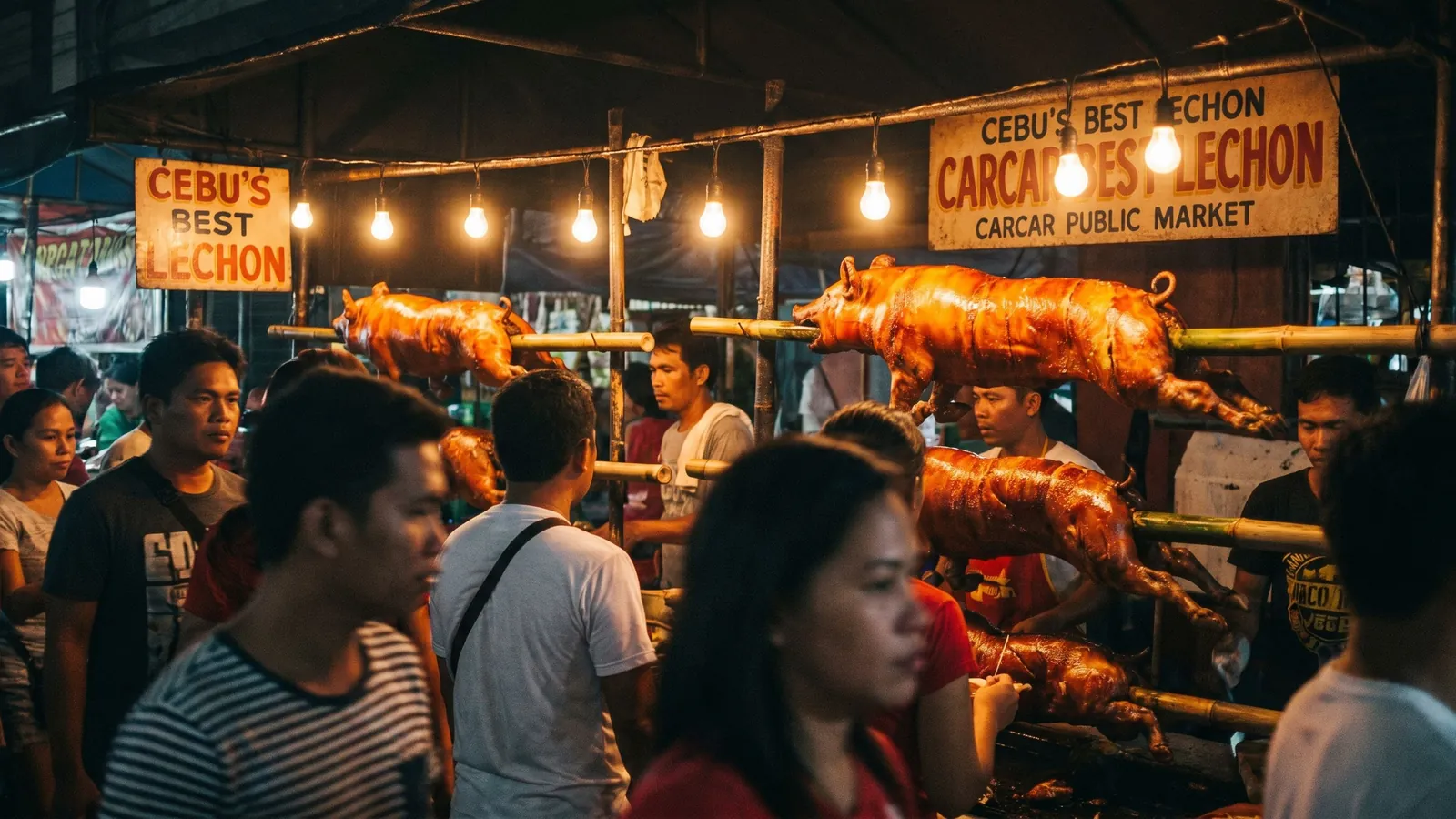 Roasted lechon lined up at a Carcar market stall