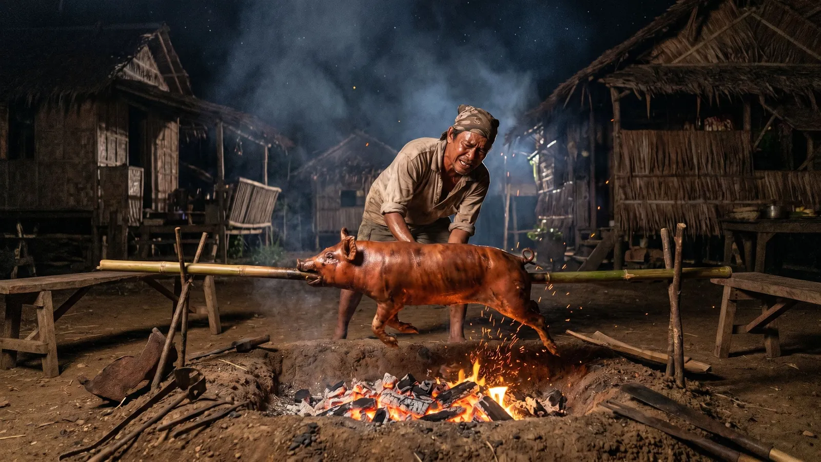 A whole pig roasting over open fire at night